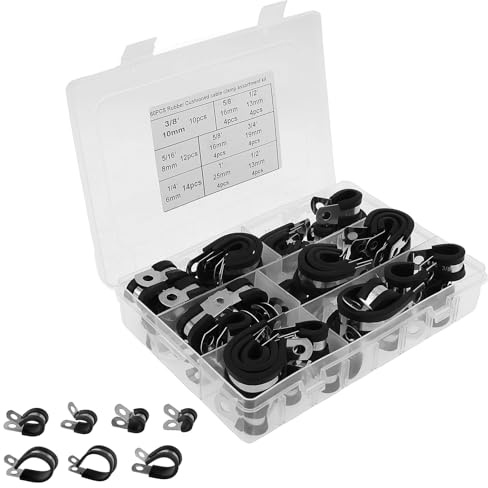 7 Sizes Stainless Steel Rubber Lined P Clips Assorted,60 Pcs 6/8/10/13/16/19/25mm Pipe Clips, Hose Clip Conduit Clip, P-Clamps Metal Wire Cable Clamps for Cable, Cord, Wire, Hose, Tube