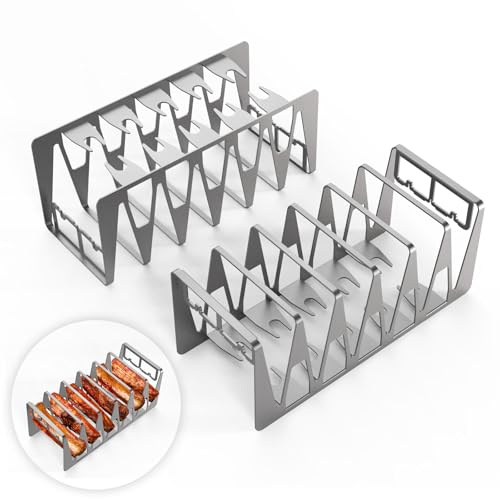 Delixike spareribs hållare grill, kycklinglår hållare, grilltillbehör av rostfritt stål, enkel indirekt grillning, multifunktionell grill för män och även en bra gåva (set om 2, silver)