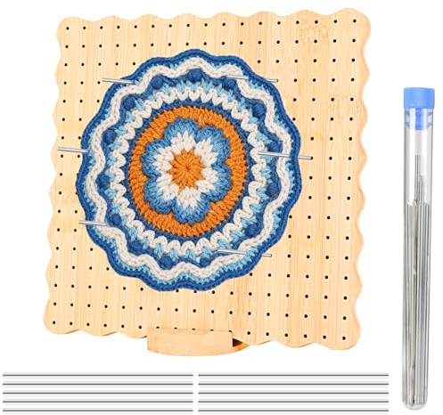 VINATO Blocking Board aus Bambus 23.5x23.5cm, Häkelbrett mit 289 Löchern, 10 Edelstahl-Nadeln & Ständer, Strickbrett Für Granny Squares, Motive und Spitze Blocking, Großformat