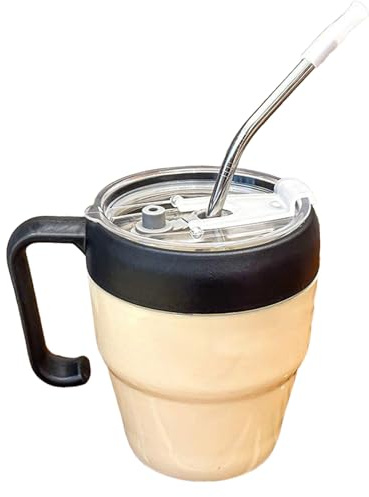 Ylnailky Verre À Boire Avec Paille Et Couvercle | Mug Boisson Chaude Impression Lettre | Tasse à Paille Antifuite avec Poignée pour Pique-nique Camping Mariage Voyage Cuisine,Pour Extérieur Camping