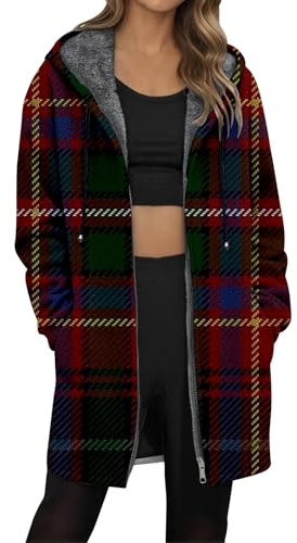 Generisch Manteau long à capuche pour femme avec carreaux écossais - Veste doublée en polaire avec fermeture éclair et motif tartan - Manteau d'hiver chaud et à carreaux pour l'automne, XXL