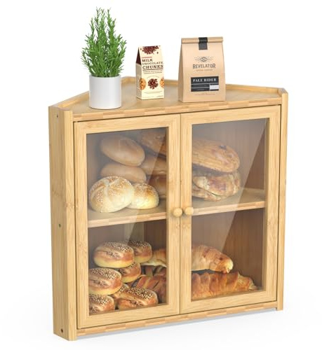 BAMBANG Corner Bread Bin for Kitchen Countertop, Double Layer Bamboo Bread Storage Container with 2 Doors, Farmhouse Large Bread Box, Wooden Breadbox Holder for Homemade Bread, Natural