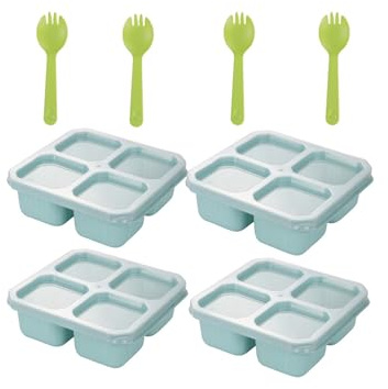 4 Pezzi Contenitori Riutilizzabili per Snack in Plastica,Contenitore per Frutta con Divisori,Scatole Bento con Coperchio,Portapranzo da asporto to go,Lunch Box,Adatto al Microonde (Verde)