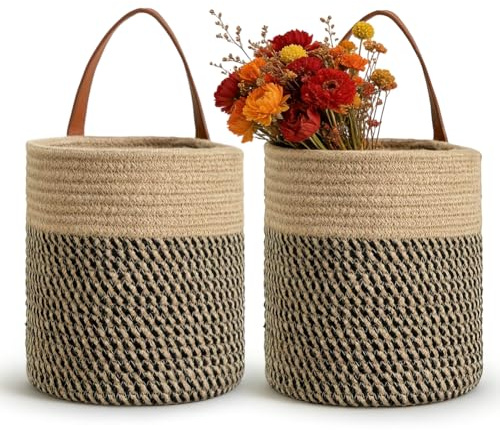 2-pack väggkorgar av jute för upphängning, bomullskorg för hylla, naturliga förvaringskorgar med läderhandtag för väggdörr, växtkorgar arrangör för rum, badrum, rektangulär platsbesparande