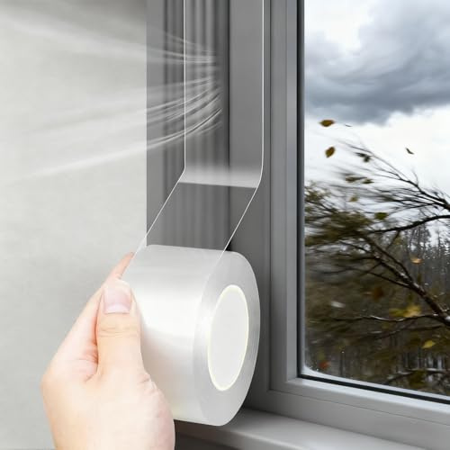 Window Weather Sealing Tape Clear, 5cm x 10m Self-Adhesive Transparent Draught Excluder Seal Strip for Door Windows Glazing, Winter Insulation Waterproof Sealant