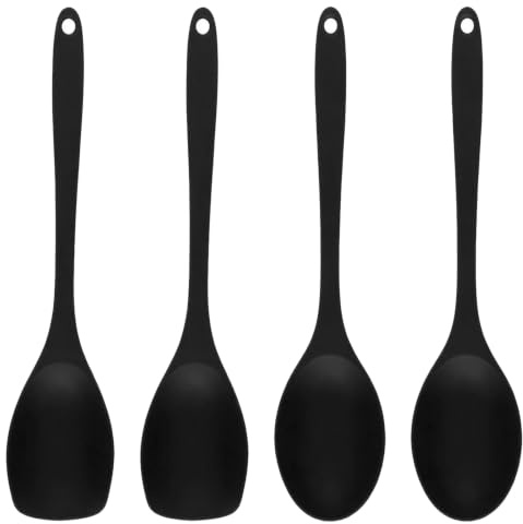 Juego de 4 Utensilios de Cocina de Silicona, Espátula de Cuchara de Silicona Grandes Antiadherentes, Cucharas Ranuradas Negras Resistentes al Alor para Cocina y hornear (27,5 cm)