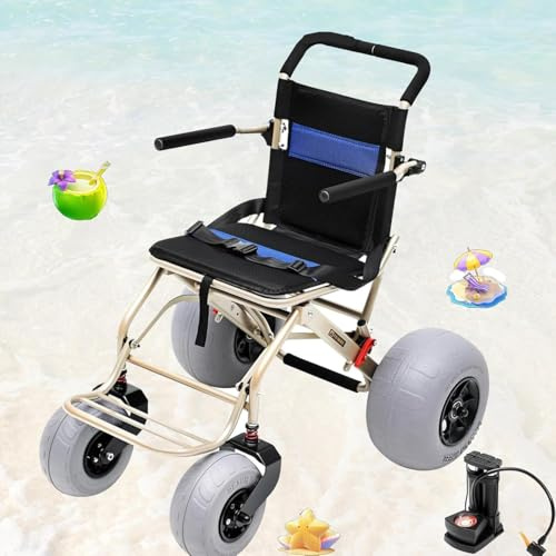 DPLWJPP Silla de Ruedas en Playa de Todo Terreno Silla de Ruedas Plegable Neumáticos con Globo Silla Compacta con Ruedas de Globo para Playa,Hierba,Grava y Acceso Al Agua