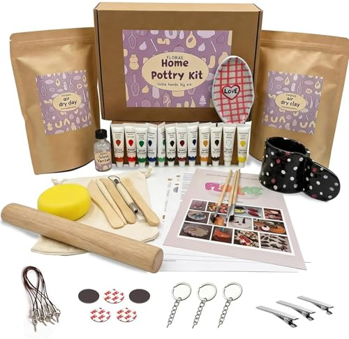 FLORAE Töpferset für Anfänger, Töpfer-Set für Zuhause, DIY Set für Erwachsene, Modelliermasse Lufttrocknend Set, Lnkluive Modellierwerkzeugen, Glanzlack & Pinseln, Ideales Kreativ Geschenk