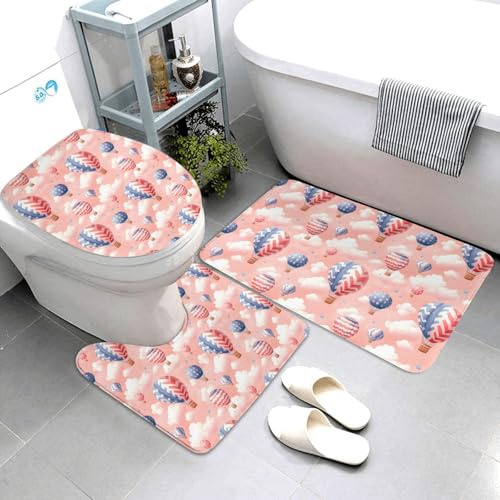 Nevjipu Set di 3 tappeti da bagno con stampa di mongolfiera, assorbenti e lavabili, a forma di U, morbidi tappetini da doccia per WC e vasca da bagno