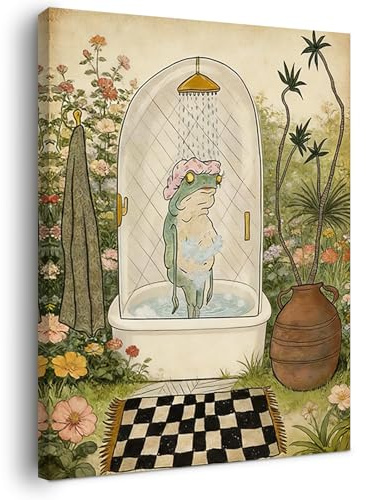 Alptiny Bilder Badezimmer mit Rahmen 30x40 cm – Lustiger Frosch unter der Dusche Leinwandbilder, Badezimmer Wanddeko Deko Bad Gäste WC, Wandbild Kunstdruck Poster mit Klettverschluss und Haken