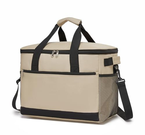Kono Cool Bag Collapsible Soft Cool Box Insulated Large Lunch Bag | Leakproof Cooler Bag with Shoulder Strap and Carrying Straps, Ideal for Camping Picnic Beach Travel BBQ Family, 20 L, Khaki