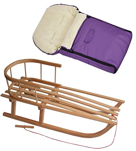 BambiniWelt24 BAMBINIWELT kombipaket träsläde med ryggstöd och draglina universell vinter fotväska (90 cm), även lämplig för barnskål, barnvagn, buggy, av ull Uni (lila)