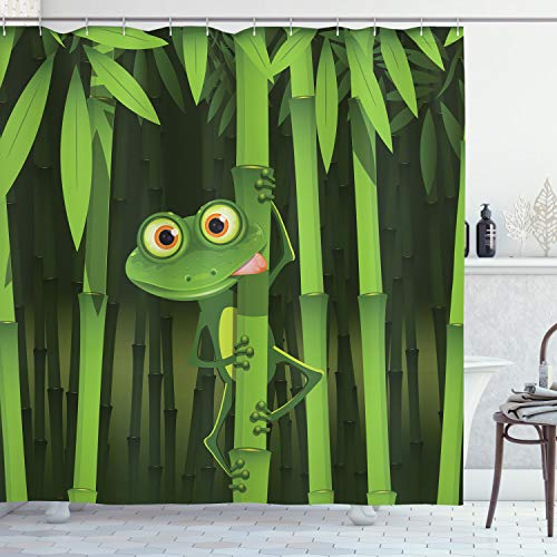 ABAKUHAUS Bambus Duschvorhang, Jungle Bäume Spaß-Frosch, Stoffliches Gewebe Badezimmerdekorationsset mit Haken, 175 x 200 cm, Grün