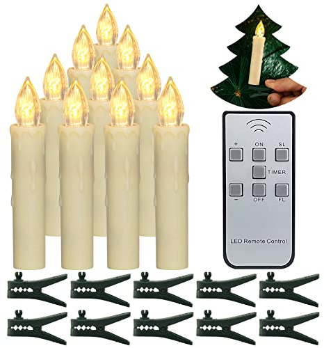 PChero Christmas Tree Candles, 10pcs LED Flameless Flickering Battery Taper Candles with Remote Timer/Removable Clips/Waterproof Rings for Home Party Indoor Outdoor Xmas Trees Decor – Warm White