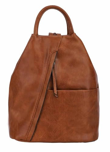 Damen Rucksack Tasche Schultertasche Leder Optik Daypack Backpack Handtasche Tagesrucksack Cityrucksack Cognac