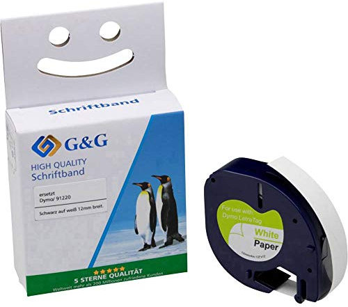 G&G Schriftband kompatibel für Dymo S0721520/ 91220 12mm x 4m Schwarz auf Weißem Papier-Etikett für Dymo Letratag XR LT-100H/LT-100H Etikettendrucker