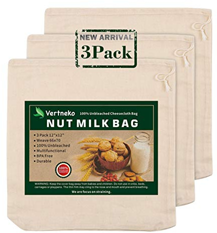 Nut Milk Bag Reusable, 3 Pack 12 x 12 All Natural Cheesecloth Bags, 100% Unbleached Cotton Cloth Bags Strainer for Straining Almond/Soy Milk Greek Yogurt Cold Brew Coffee Tea Beer Juice Cheese Cloth