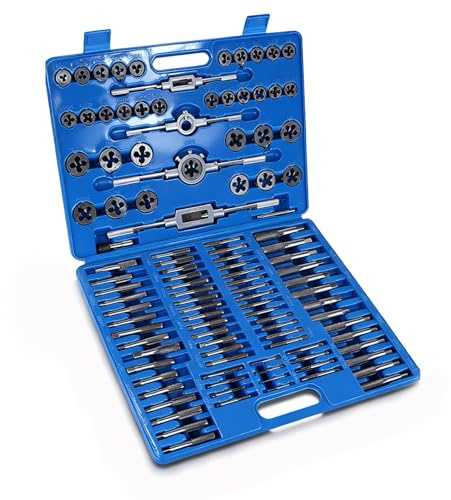 Die and Tap Set, 110pcs Heavy Duty High Speed Steel HSS Metric M2-M18 Screw Nut Thread Taps Dies Hand Tools Kit Adjustable Wrenchs with Wrench Handle Stord in a Handy Carry Case