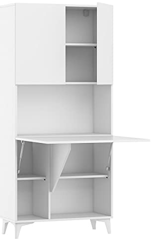 BIM Furniture Klappbare Schreibtisch Megan 1 Regale Haushaltsbüro Wandtisch Computertisch Laptop-Tisch Klapptisch (Weiß Matt/Weiß Glanz)