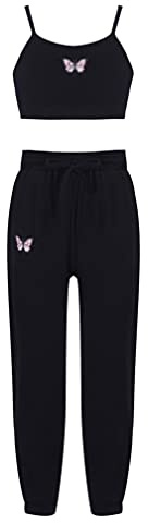 ranrann Girls Hip Hop Outfits Street Dance Clothes Kids 2 Pieces Crop Tank Tops and Sweatpants Tracksuits Set Black 7-8 Years