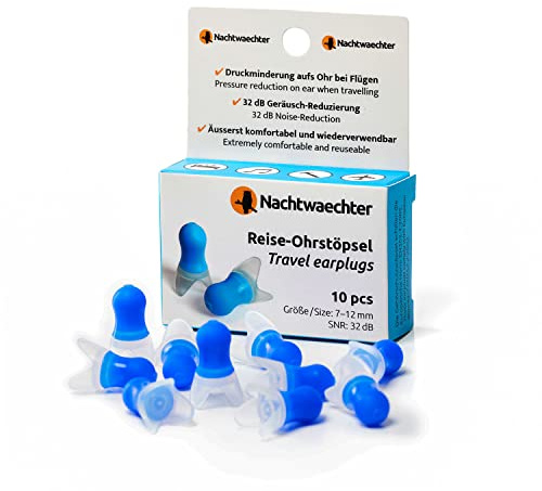 Nachtwaechter Reise Ohrstöpsel zum Schlafen 10 Stück – Gehörschutzstöpsel 32dB aus Silikon für ruhigen Schlaf auf Reisen – Flugzeug Ear Plugs für besseren Druckausgleich