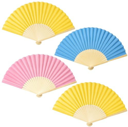MIJOMA Handfächer aus Holz, 4er Set Pastellfarben | Stoffbespannung, ca. 21 cm geschlossen, leicht faltbar, für Tasche, Auto, Hochzeit, Pride, Strand & Festival
