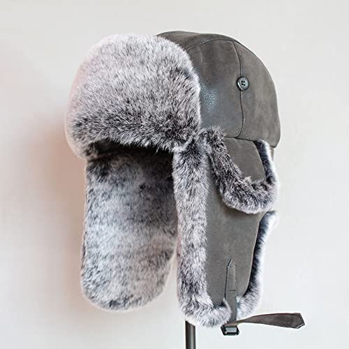 Ciamlir Russische Mütze Bombermützen Winter Herren Warmer Russischer Uschanka Hut Mit Ohrenklappe Pu-Leder Pelz Trappermütze Ohrenklappe Für Damen,Schwarz Weiß,58-60Cm
