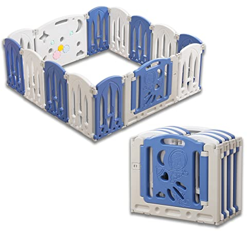 Froadp Faltbare Kinder Laufgitter & -ställe 12+2 Paneele HDPE Laufstall inkl. Tür & Spielzeugboard Babyzaun Absperrgitter Mobile Krabbeln Playpens Sicherheits Bällebad für Kinder (158x152x62cm)