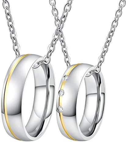 Lieson Edelstahl Halskette Damen Herren, Pärchen Halskette Mit Gravur Breite 6MM Kette Zirkonia Gold Silber Geschenk für Ihn und Sie