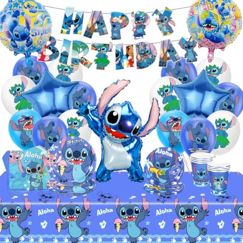 Partygeschirr Set,69 Stück Geschirr Tischdekoration Blau,Aluminium Luftballons,Gehören,Teller,Latexballon,Tasse,Tischdecke,Servietten und Pull Flag für Junge Party Geburtstagsdeko