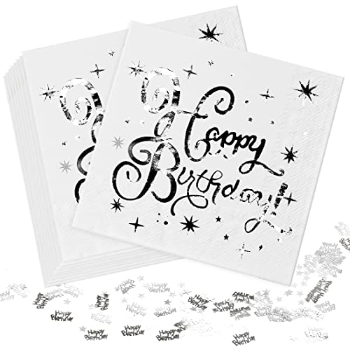 40 Stück Servietten Geburtstag, Servietten Weiß Silber, Servietten Happy Birthday, Papierservietten Paper Napkins, Weiß Silber Deko Geburtstag, 33x33cm für Junge Mädchen Geburtstag Party Deko