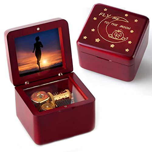 JYmusic Natural Solid Wood Laser Engraved Vintage Clockwork Music Box Mini Photo Frame Musical Box Mother's Day Children's Day Valentine's Day Christmas Birthday Gift（Melody：Fly me to The Moon-Type2