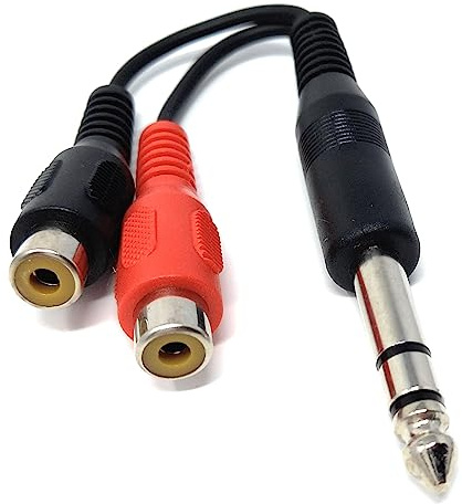 DRUT 1pcs 10cm 6.35mm Stereo Jack Plug to 2 x RCA Phono Sockets Audio Adapter Cable Splitter (Black)