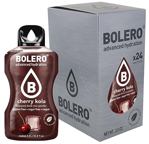 Bolero CHERRY COLA 24x3g | Jus en poudre sans sucre, édulcoré à la stévia + vitamine C | pour enfants et sportifs | sans gluten, végétalien | saveur cerise cola
