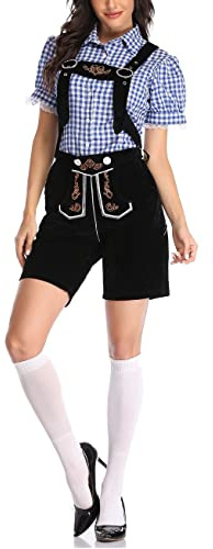 Oktoberfest Damen Outfit - Trachtenhemd Lederhose Tracht Kariertes Hemd Jumpsuit Bayerisches Oktoberfest Kostüm Set für Halloween Dress Up Party Karneval Wiesn und Bierfest Bier Bühnenshow