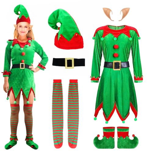 Claofoc 6 Teiliges Weihnachtselfen Kostüm Damen Weihnachtskostüme Weihnachtsmann Elf Kostüm für Erwachsene KleidOutfit mit Elfenohren Hut Schuhen Gürtel Socken (Green, L)