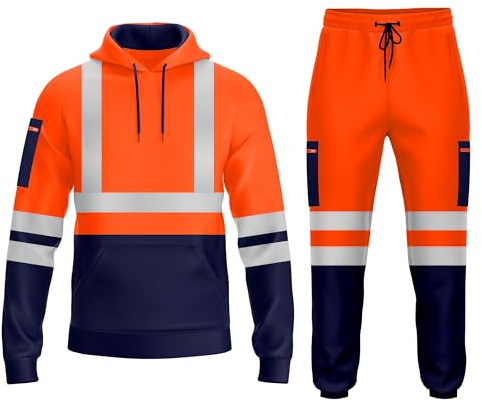 TORO ACTIVA Mens Hi Viz High Visibility Pullover Tracksuit Pockets Drwastring Sweatshirt Hoodie & Jogging Bottom Safety Work Wear Full Set Reflective Joggers