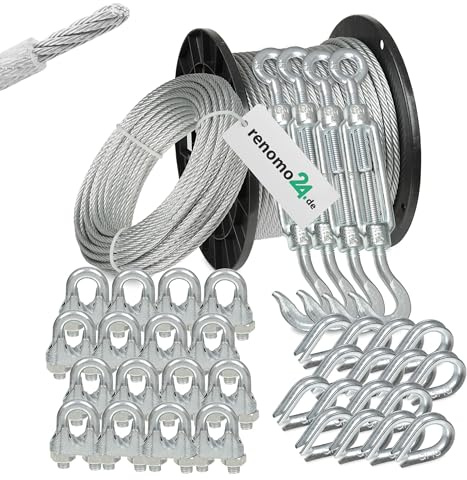 Renomo24 Drahtseil Set 6 - Stahlseil 50m 5mm 6x7 verzinkt und ummantelt, 4x Spannschloss Haken/Öse, 16x Bügelklemmen, 16x Kauschen, 176517603