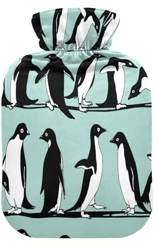 Wärmflasche mit handgezeichnetem Pinguin-Muster, weich, warm für Winterbett, Hände, Hals und Schultern, 1 l