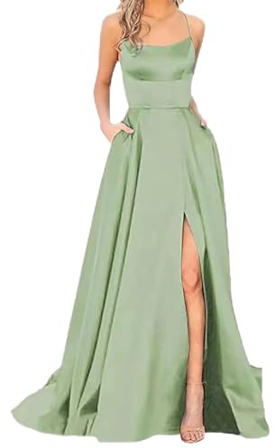 Taille pincée Fendue de Bal Femmes élégantes soirée Formelle Longue soirée Bretelles Spaghetti élégantes de Mariage-Vert-XXL