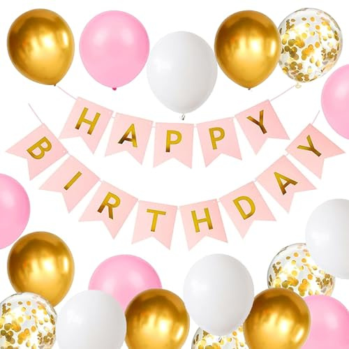 Luftballons Geburtstag Dekoration Set,Macaron rosa weiße Gold Geburtstagsdeko Happy Birthday deko Banner Party Deko Geburtstag Set mit Macaron rosa weiße Gold Latex Luftballons Konfetti Ballons（rd)