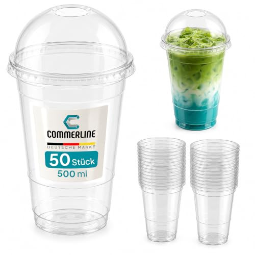 Commerline Smoothie Becher, 500 ml, 50 Stück, Slush Becher mit Domdeckel | Transparentes R-PET, Plastikbecher mit Deckel, Dessertbecher, Bubble Tea Becher, Eiskaffee To Go, Trinkhalmöffnung