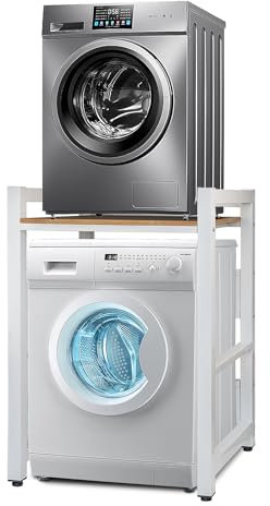JXZ Supporto Lavatrice Asciugatrice, Mobile Sopra Lavatrice Salvaspazio, 3 Regolabili in Altezza, Capacità Portante 300kg Per Bagno, Lavanderia(Bianco, Tavola di Legno)
