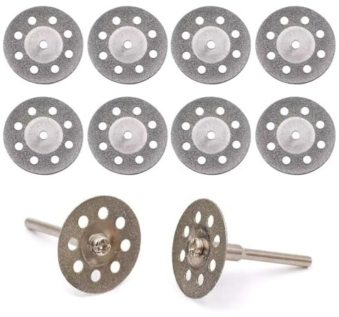 MiJunHD 10PCS 22mm Diamond Cutting Discs & 2PCS 3mm Shank Mandrel, Rotary Tool Diamond Cutting Wheel Kit for Metal Tile Wood Glass Marble Plastic Jade (Cutting Blade with Holes)