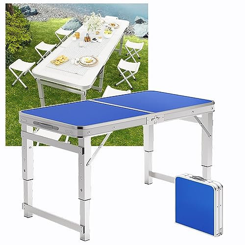 Mesa de camping portátil de aluminio con altura ajustable, ligera, plegable, para barbacoa al aire libre, fiesta, disponible en color azul, 80/100/120 cm de longitud