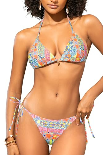 SHEKINI Frauen brasilianische Zweiteilige Badeanzug Halter Triangle Bikini Set Seite Krawatte Tanga Badeanzüge (M, Fluoreszierendes Orange Druck)