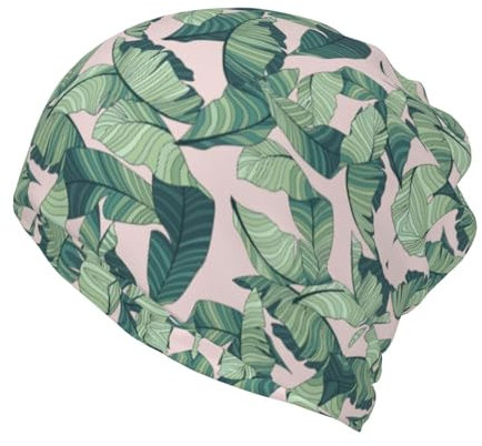 Green Palm Tree Leaves Pink Print Ponytail Beanie for Women,Winter Beanie Hat Face Mask Covering Neck Gaiter for Cold Weather