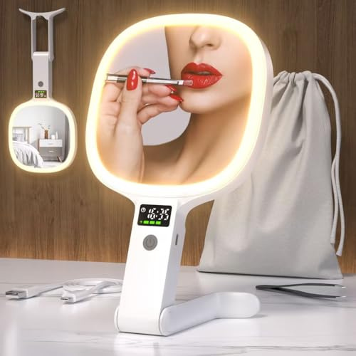 Robofun Innovative 1X/20X Kosmetikspiegel mit Beleuchtung und LED Display (Zeit, Akku, Helligkeit), Vergrößerungsspiegel mit 3 Farblicht, Modische Schminkspiegel für für Reise, Zuhause & Büro