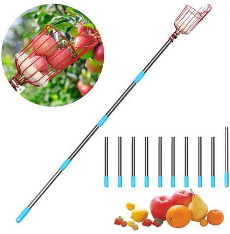 Inoamity Raccoglitore Frutta Smontabile con 4M Asta di Estensione, Cestino Antiurto – Strumento di Raccolta Leggero in Acciaio Inossidabile per Mele, Pere, Ciliegie (Giardino, Frutteto, Fattoria)