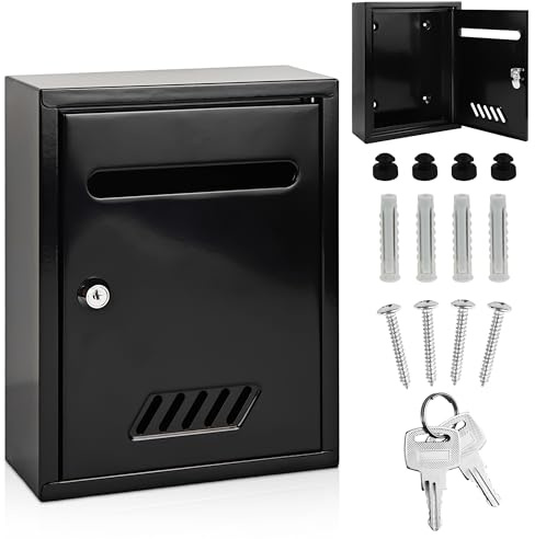 Aramanara Wall Mounted Suggestion Box Lockable, Mailbox with 2 Keys and Slot, Black Letter Box, Metal Drop Box, Post Boxes for House Office School Outside(260 x 200 x 75 mm)